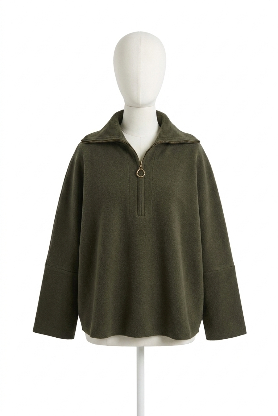 NEW JOSEPH RIBKOFF zipped collar 3/4 sleeves boxy sweater top in avocado